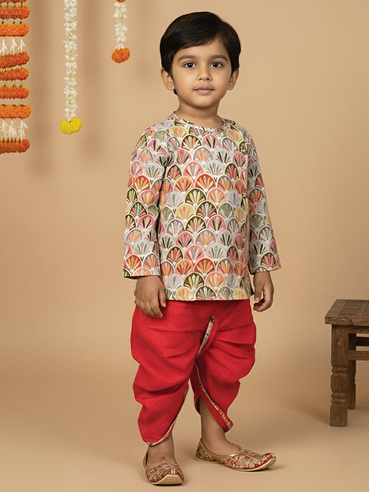 Polka Tots Full Sleeves Floral Print Angrakha with Dhoti - Red