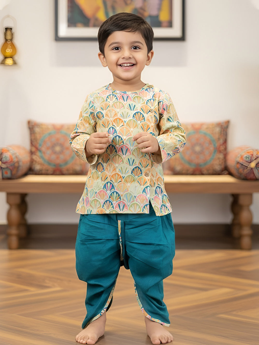 Polka Tots Full Sleeves Floral Print Angrakha with Dhoti - Blue
