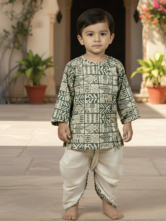 Polka Tots 100% Super Soft Cotton Full Sleeve Geometric Print Angrakha Top With Dhoti - Cream & Grey
