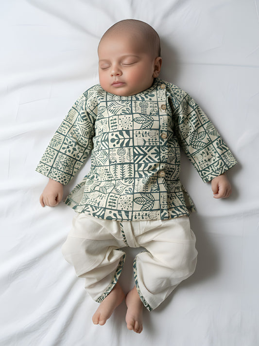 Polka Tots 100% Super Soft Cotton Full Sleeve Geometric Print Angrakha Top With Dhoti - Cream & Grey