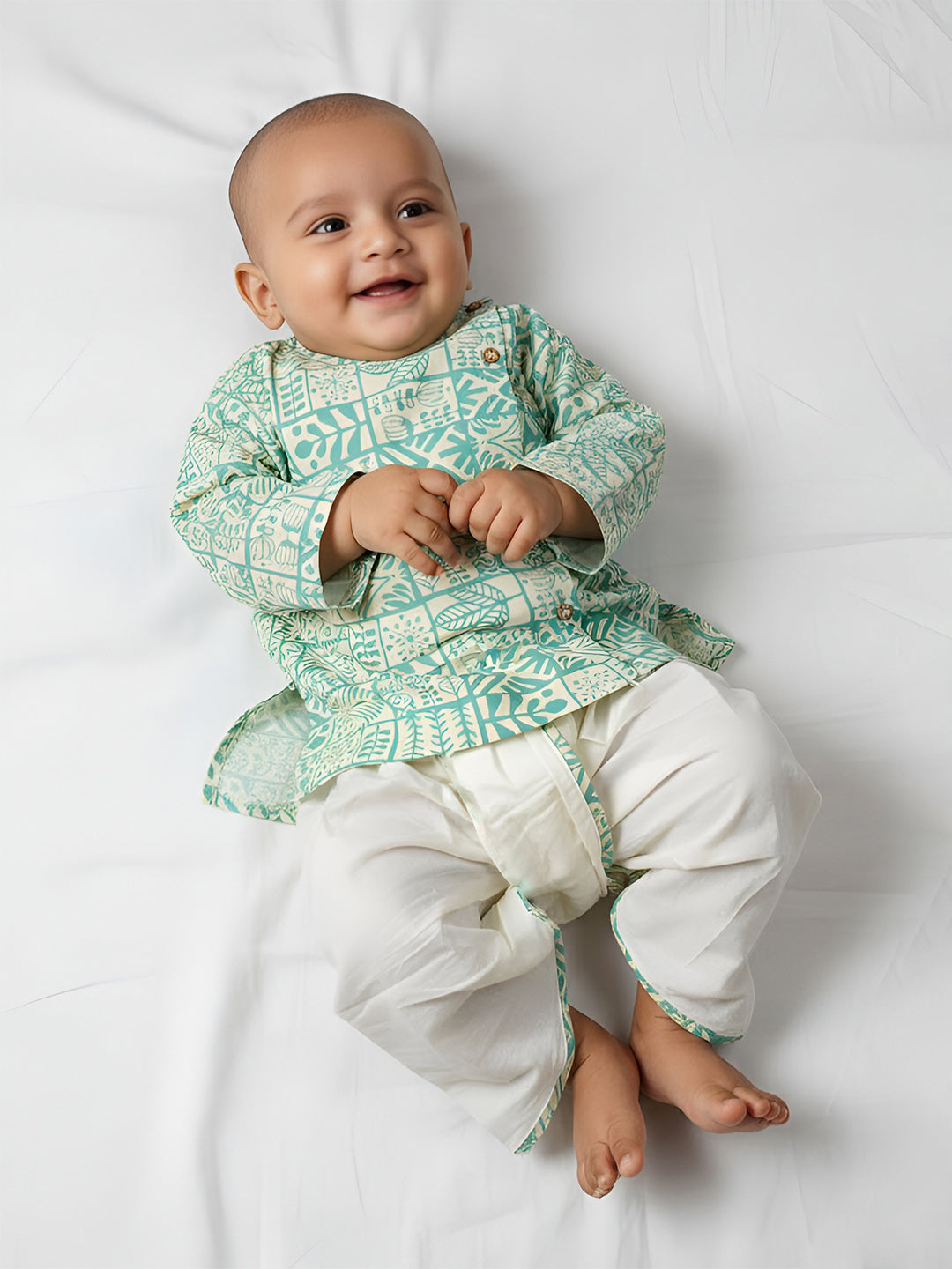Polka Tots 100% Super Soft Cotton Full Sleeve Geometric Print Angrakha Top With Dhoti - Cream & Green