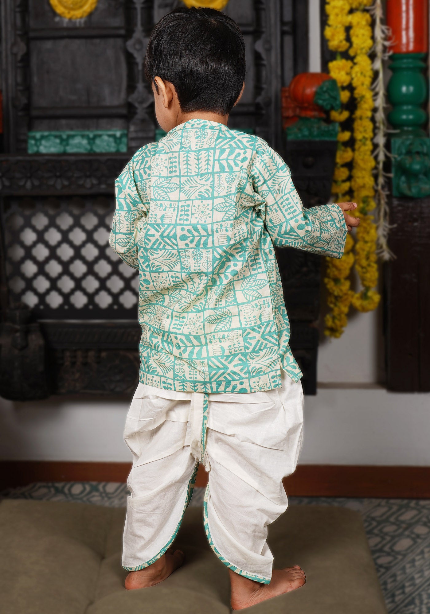 Polka Tots 100% Super Soft Cotton Full Sleeve Geometric Print Angrakha Top With Dhoti - Cream & Green