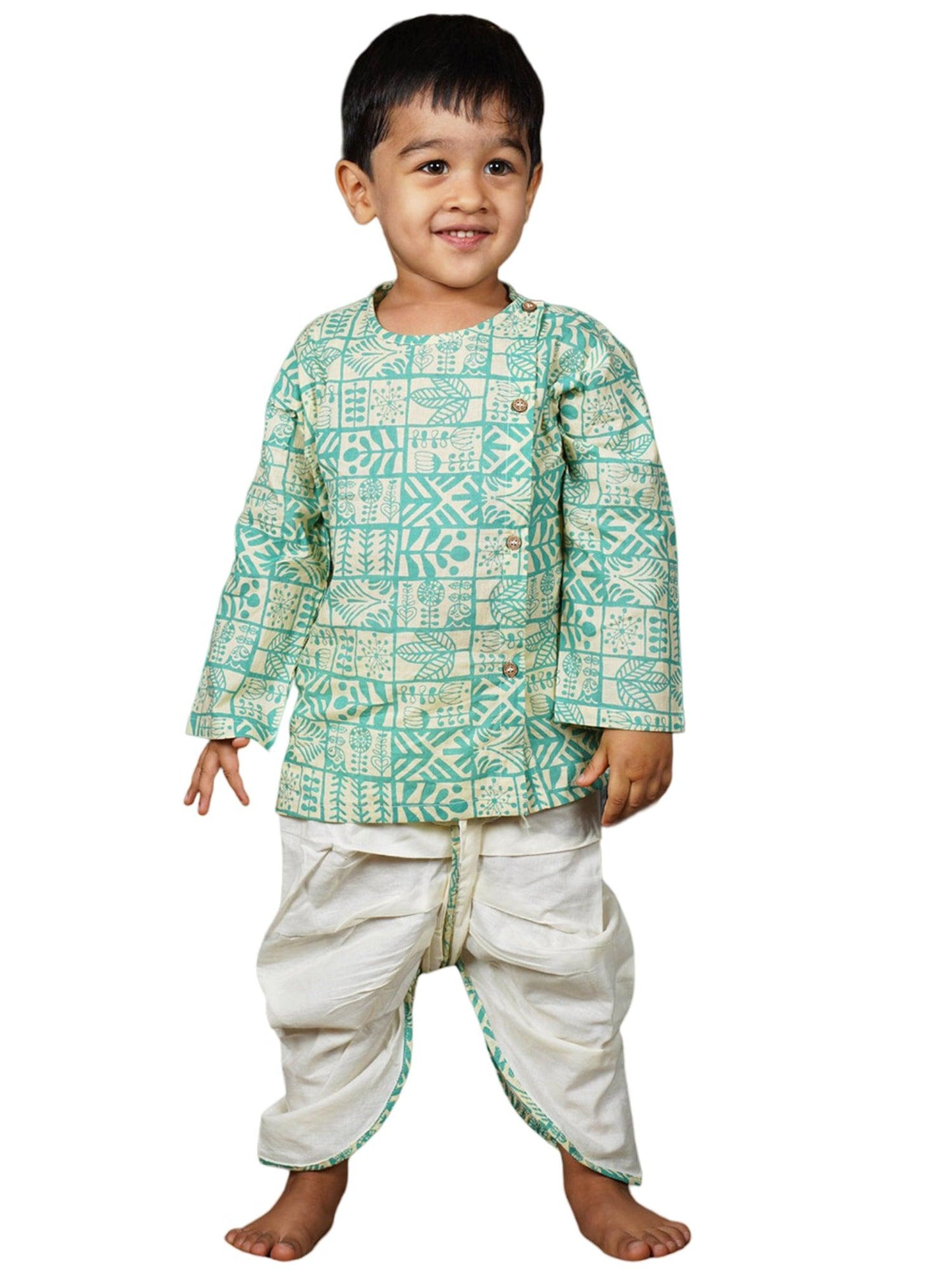 Polka Tots 100% Super Soft Cotton Full Sleeve Geometric Print Angrakha Top With Dhoti - Cream & Green