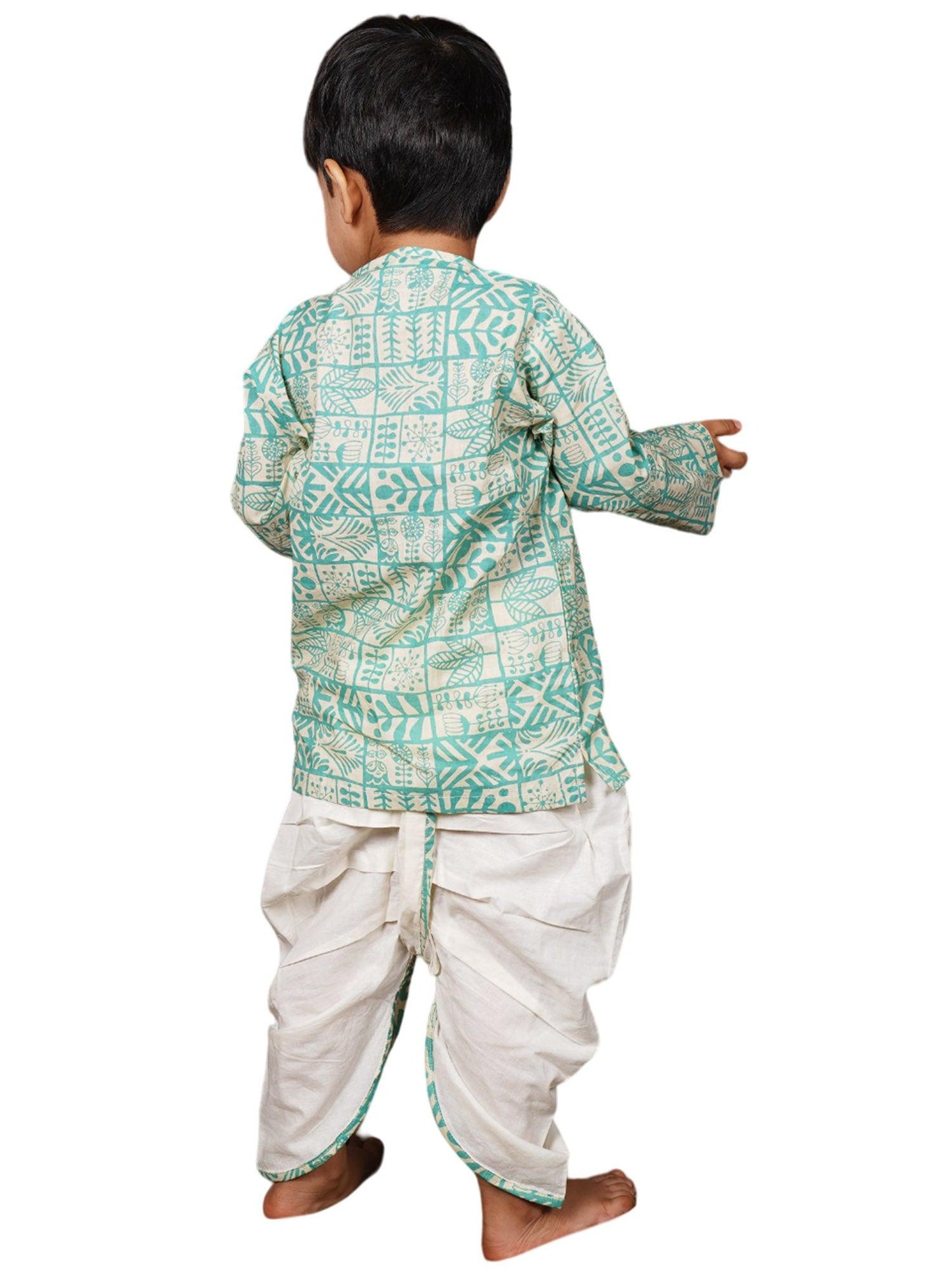 Polka Tots 100% Super Soft Cotton Full Sleeve Geometric Print Angrakha Top With Dhoti - Cream & Green