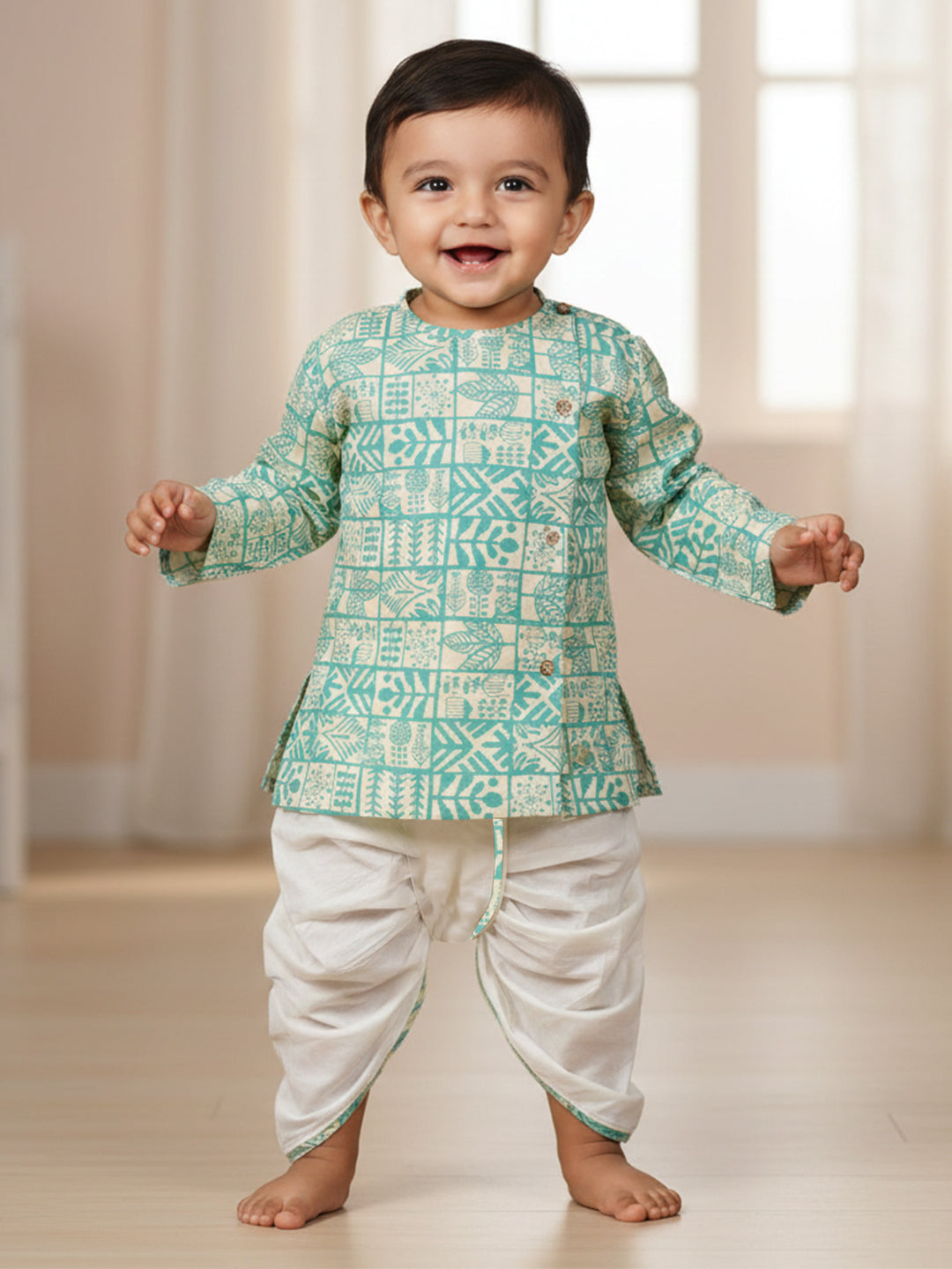 Polka Tots 100% Super Soft Cotton Full Sleeve Geometric Print Angrakha Top With Dhoti - Cream & Green
