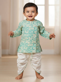 Polka Tots 100% Super Soft Cotton Full Sleeve Geometric Print Angrakha Top With Dhoti - Cream & Green