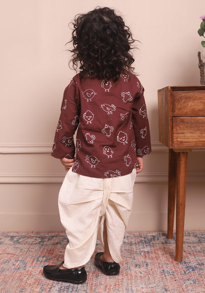 Polka Tots Full Sleeve Bird Embroidery Angrakha Top With Dhoti  - WINE
