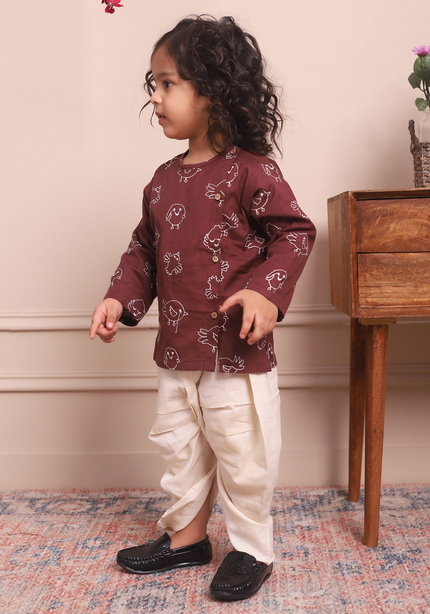 Polka Tots Full Sleeve Bird Embroidery Angrakha Top With Dhoti  - WINE