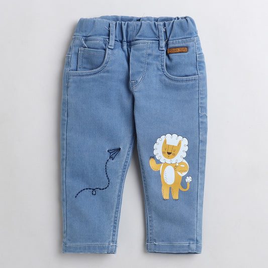 Polka Tots Denim Jeans with lion print arrow embroidery - Blue