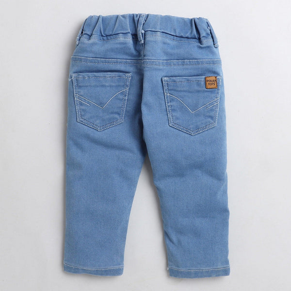 Polka Tots Denim Jeans with lion print arrow embroidery - Blue