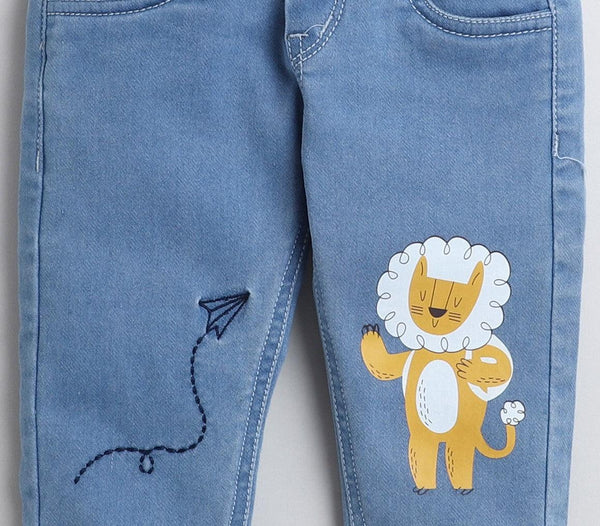 Polka Tots Denim Jeans with lion print arrow embroidery - Blue