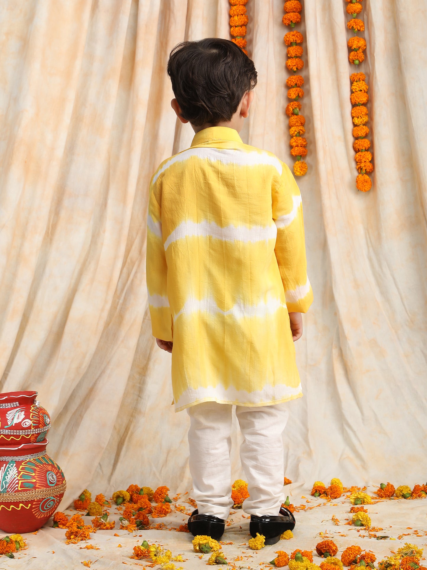 Polka Tots Full Sleeve  Tie Dye Stripe Kurta Pyjama Set - Yellow