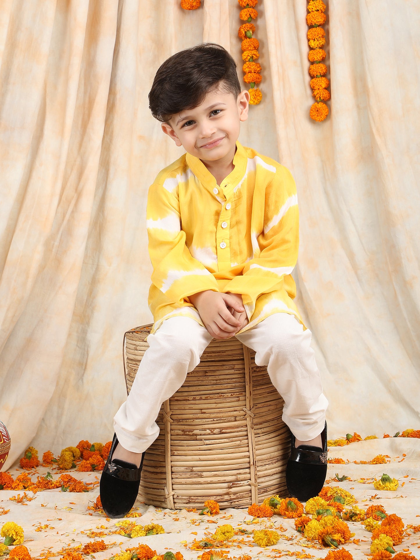 Polka Tots Full Sleeve  Tie Dye Stripe Kurta Pyjama Set - Yellow