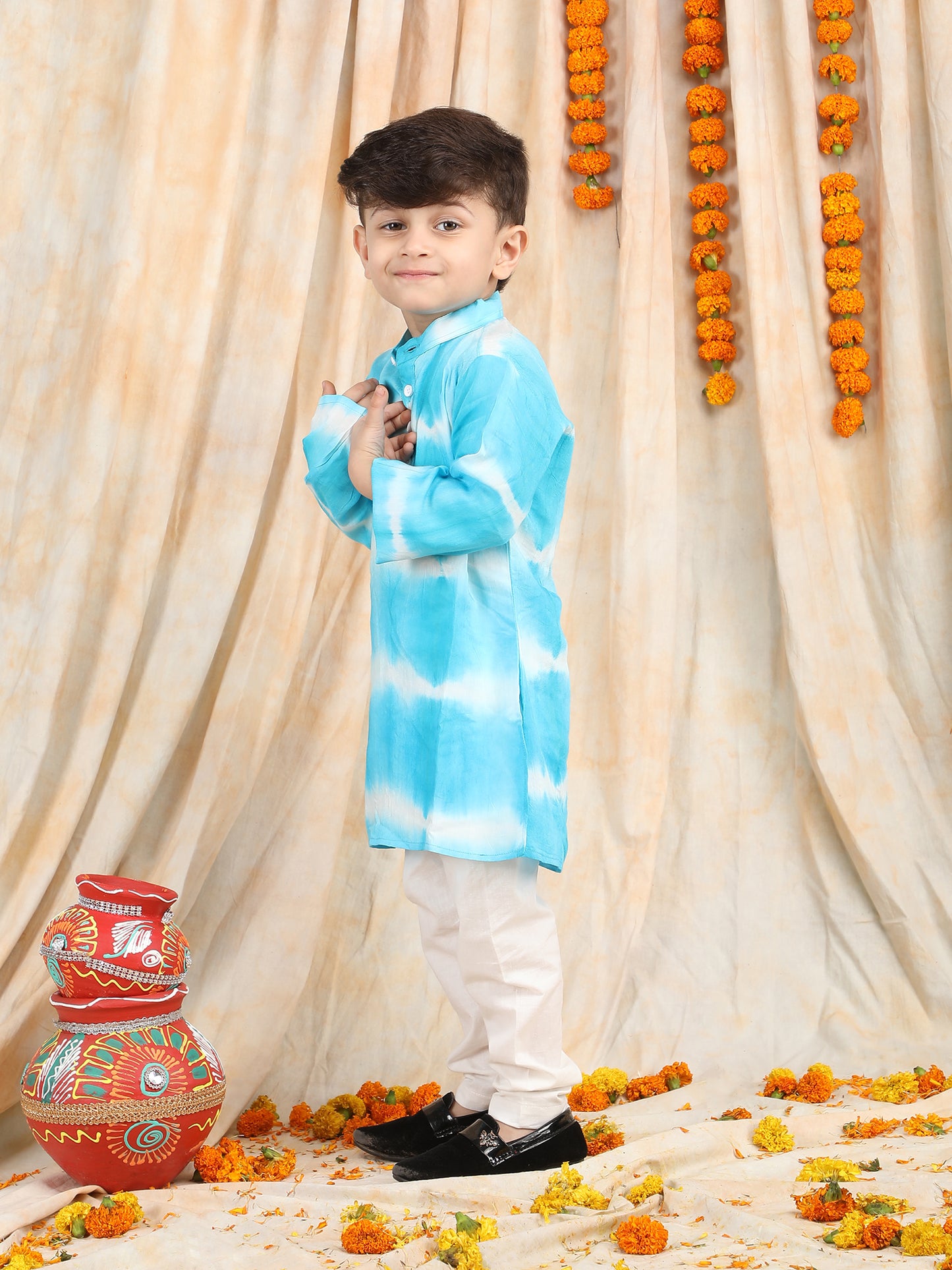 Polka Tots Full Sleeve Tie Dye Stripe Kurta Pyjama Set - Blue