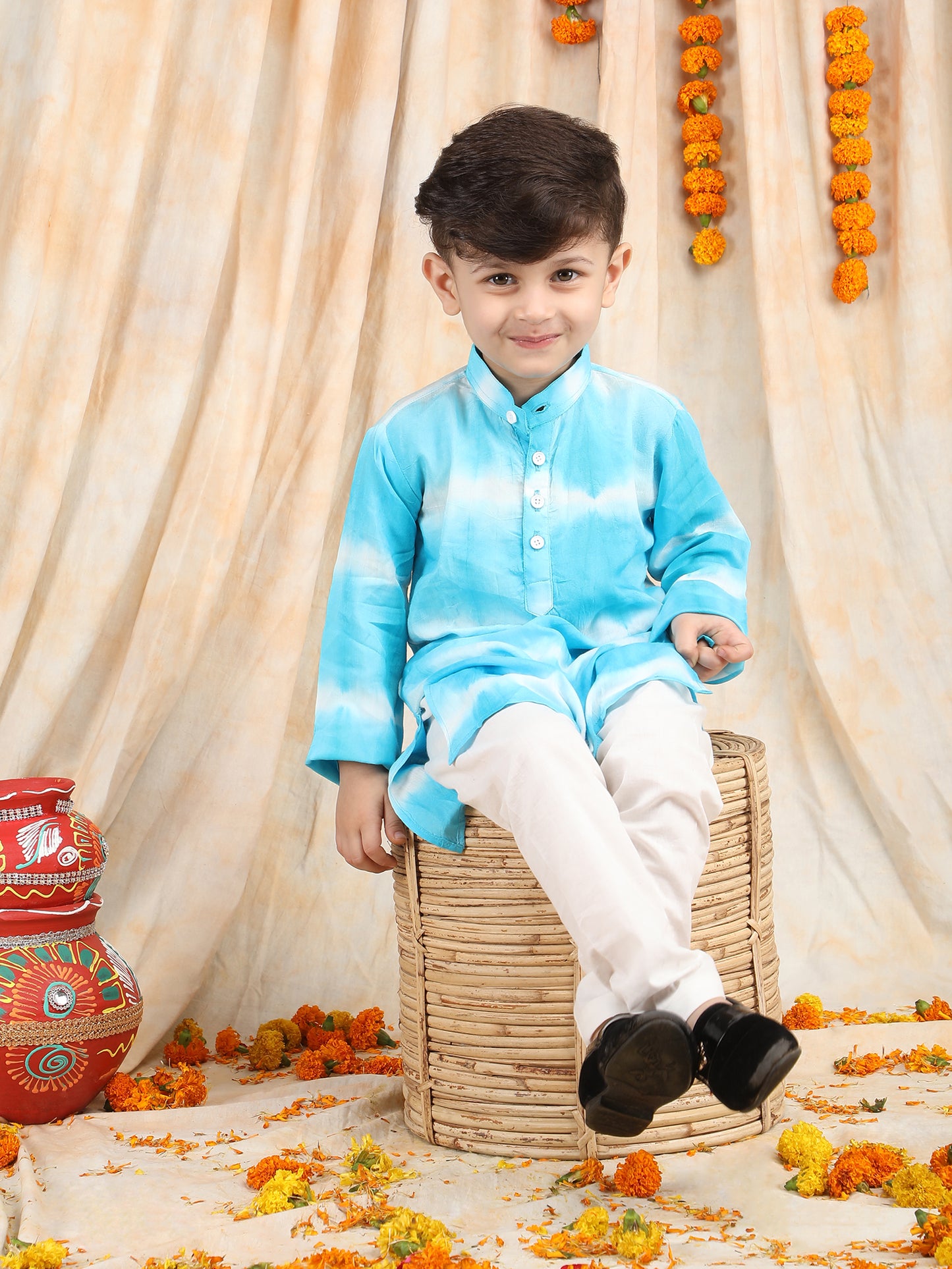 Polka Tots Full Sleeve Tie Dye Stripe Kurta Pyjama Set - Blue