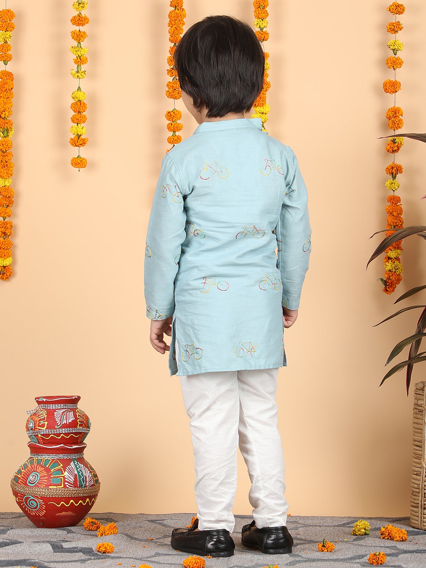 Polka Tots Full Sleeve Cycle print Kurta Pyjama Set - Blue