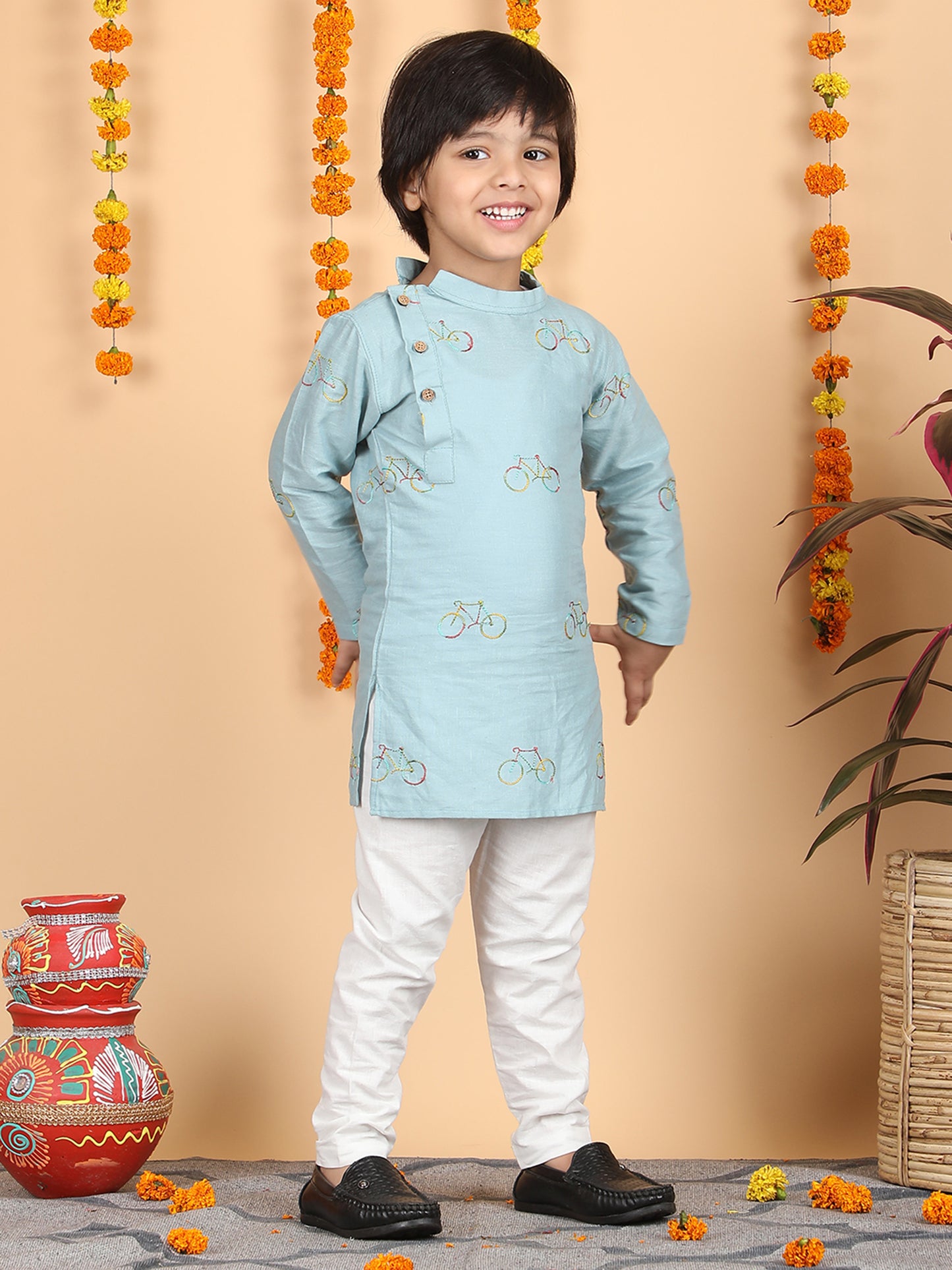 Polka Tots Full Sleeve Cycle print Kurta Pyjama Set - Blue