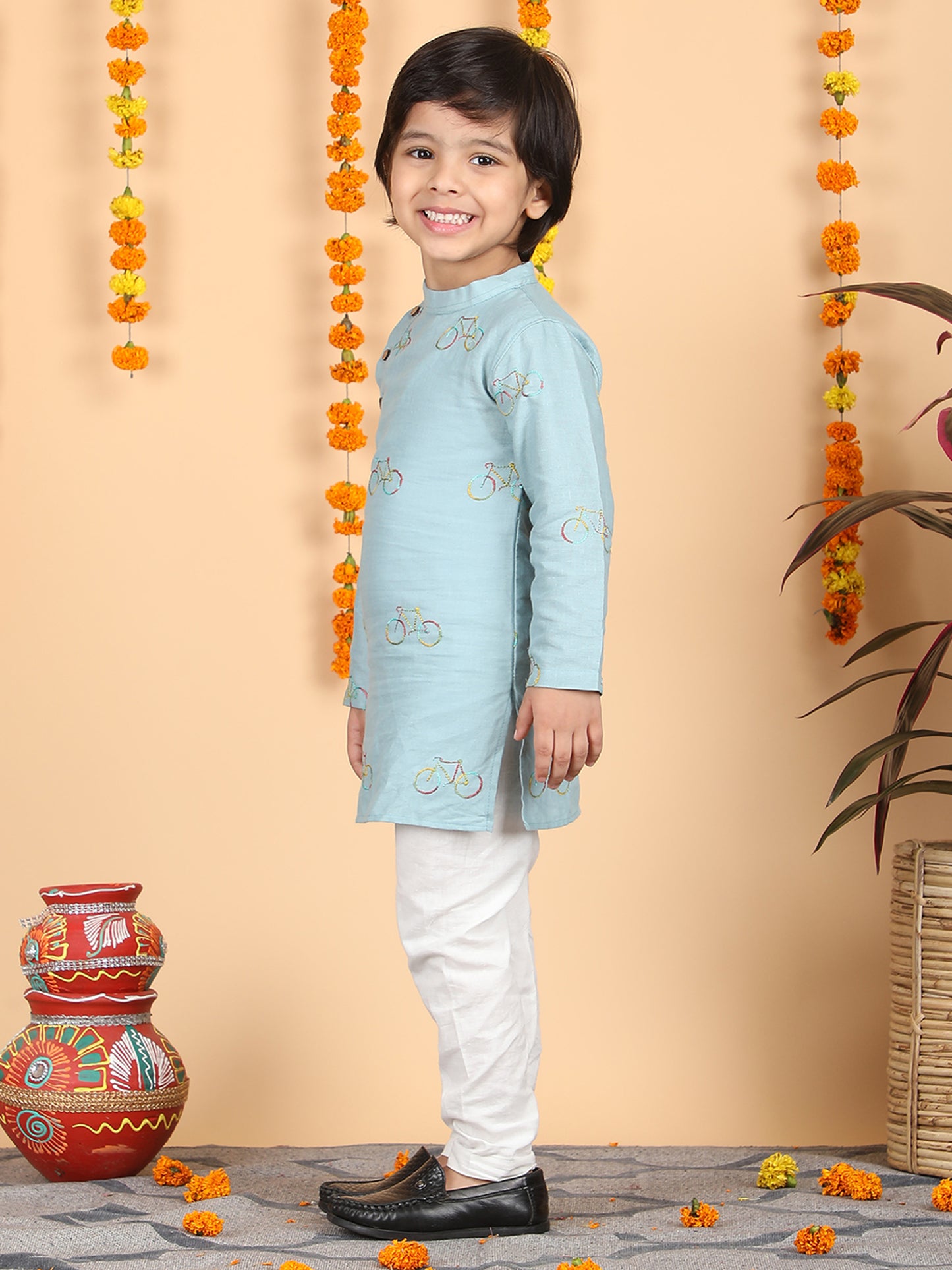 Polka Tots Full Sleeve Cycle print Kurta Pyjama Set - Blue