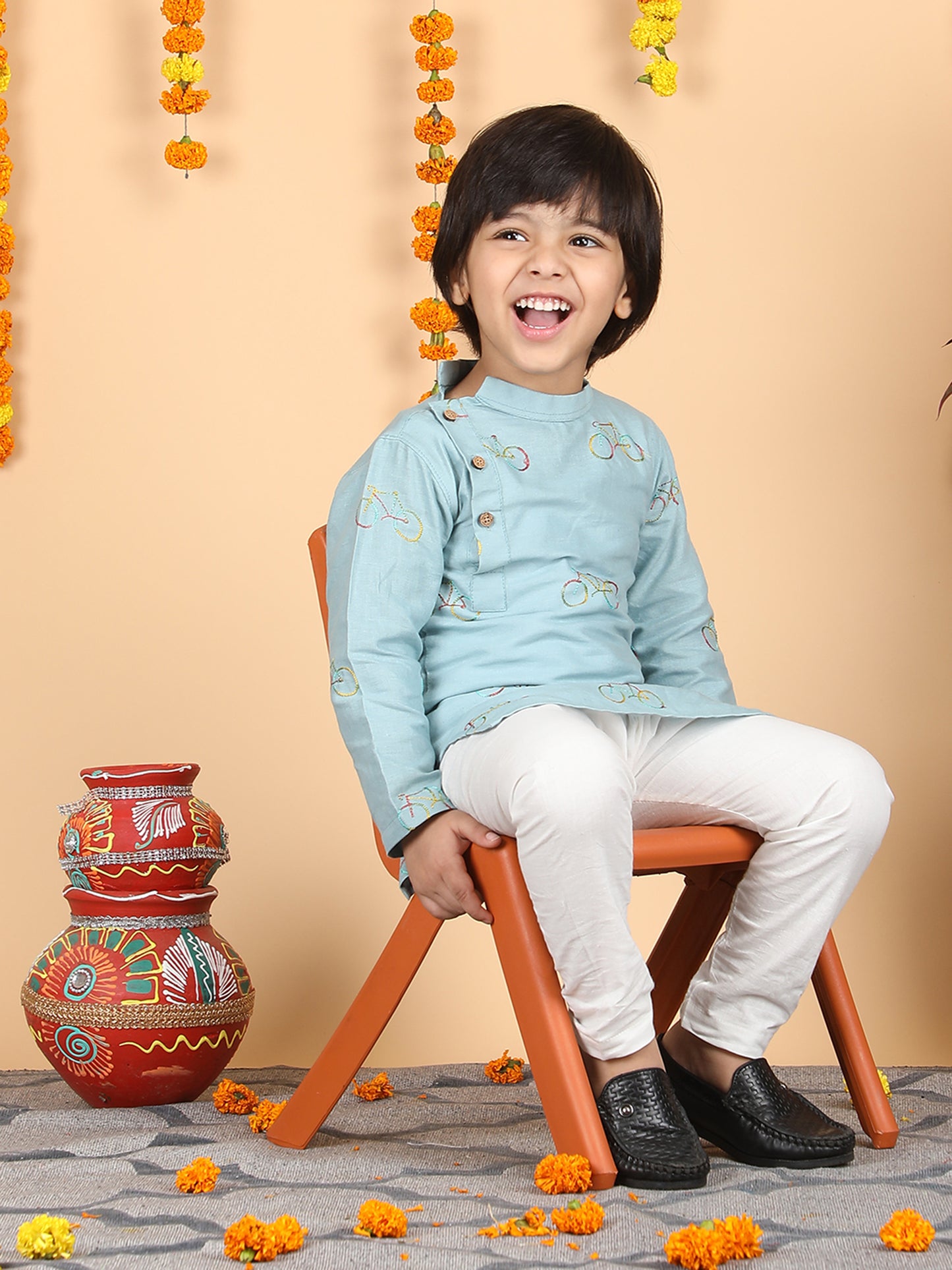 Polka Tots Full Sleeve Cycle print Kurta Pyjama Set - Blue