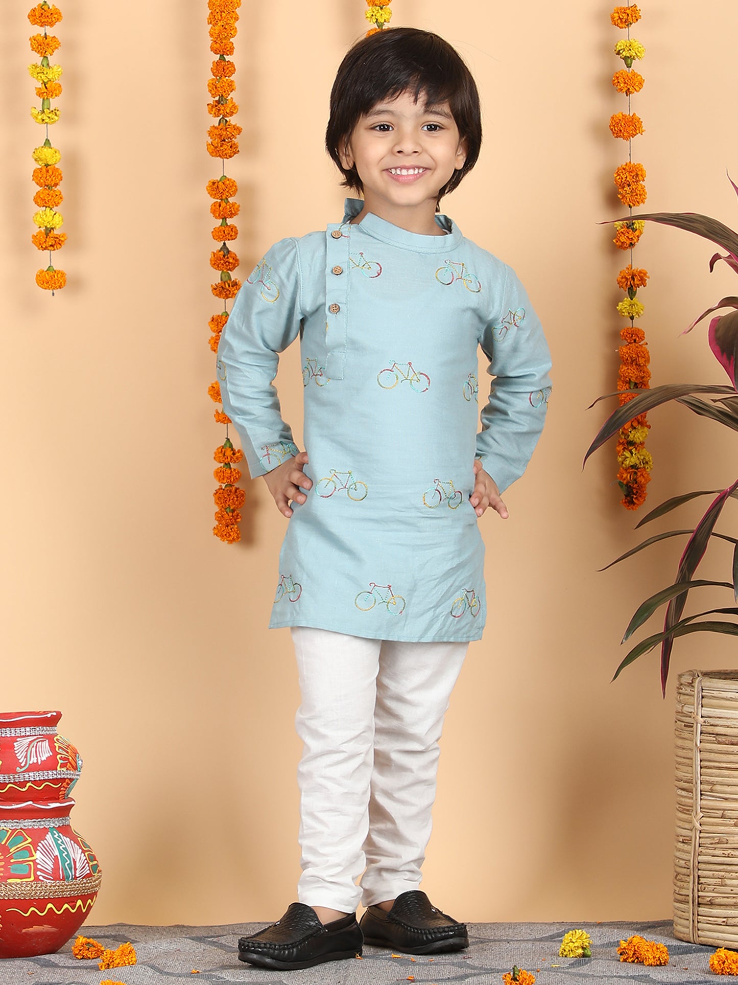 Polka Tots Full Sleeve Cycle print Kurta Pyjama Set - Blue