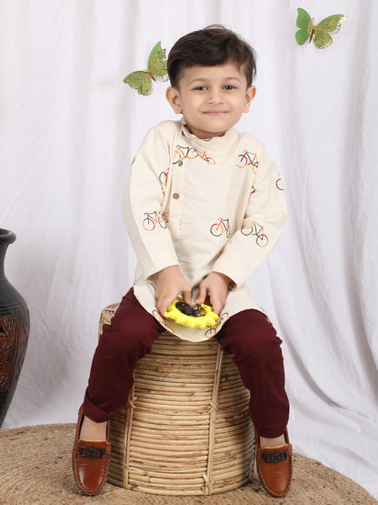 Polka Tots Full Sleeve Cycle print Kurta Pyjama Set - Cream