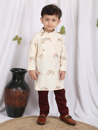 Polka Tots Full Sleeve Cycle print Kurta Pyjama Set - Cream