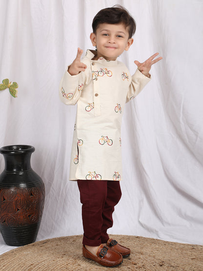 Polka Tots Full Sleeve Cycle print Kurta Pyjama Set - Cream