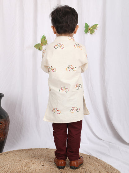 Polka Tots Full Sleeve Cycle print Kurta Pyjama Set - Cream