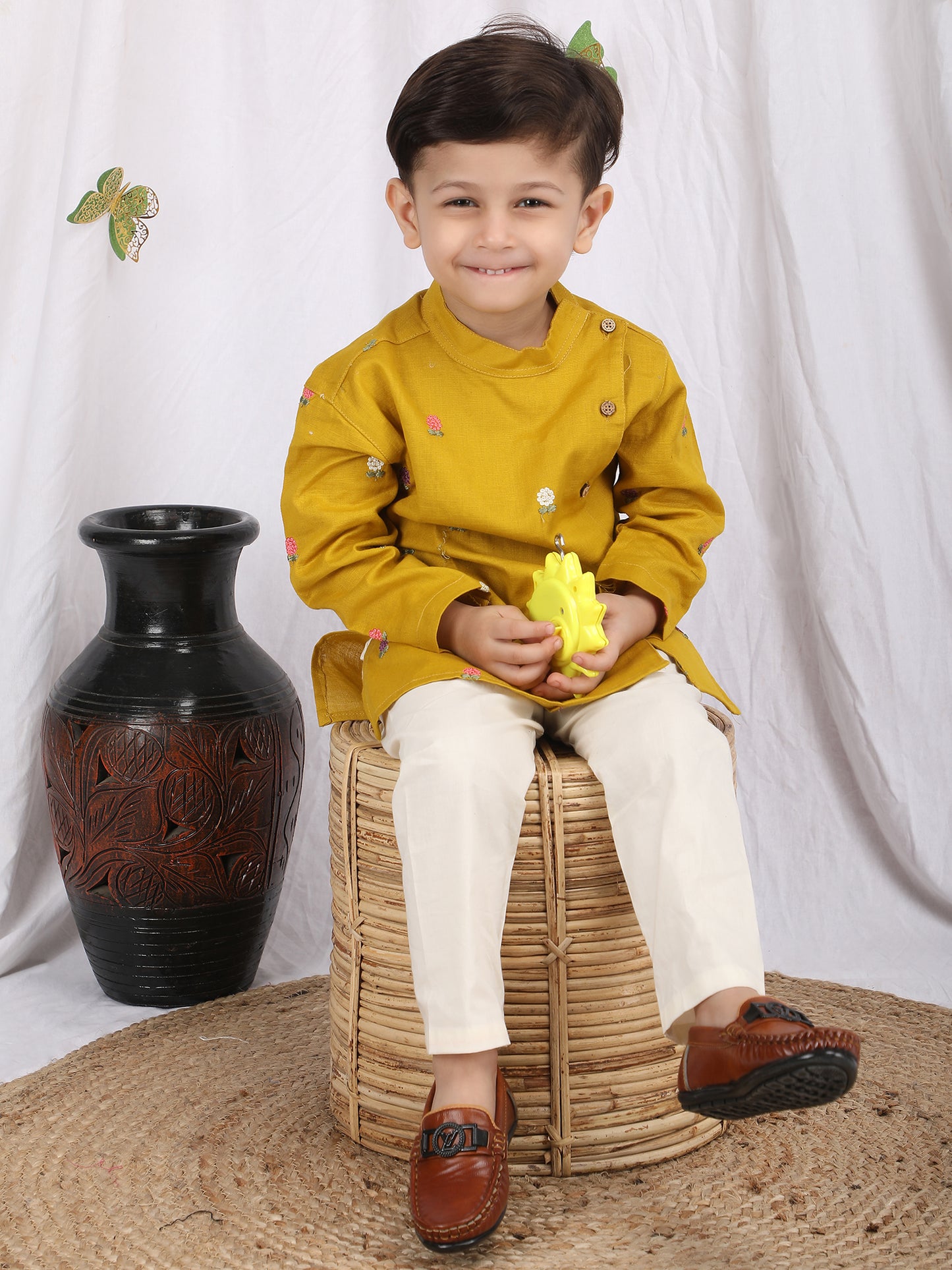 Polka Tots Full Sleeve Flower Embroidery Kurta Pyjama Set - Yellow