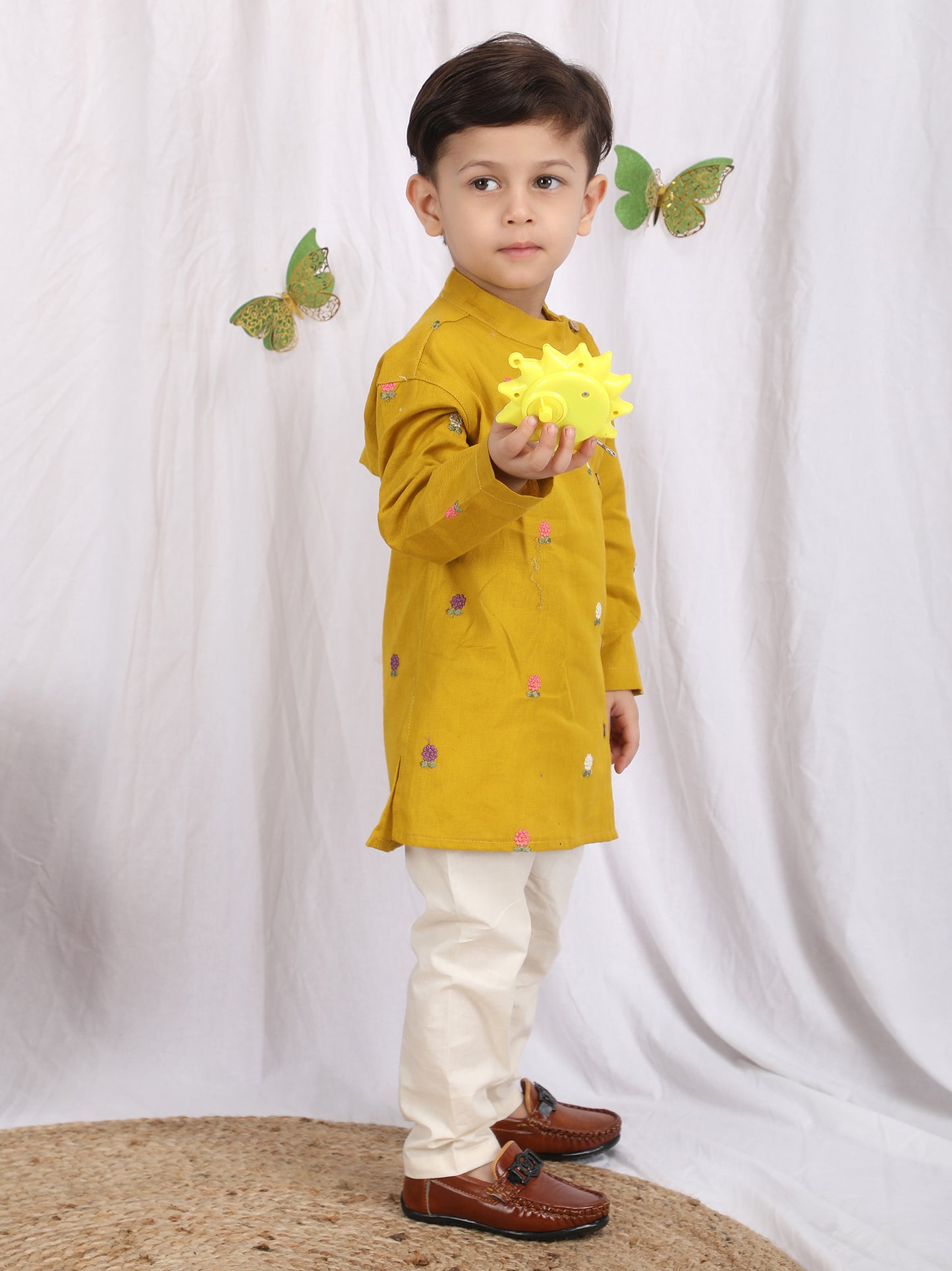 Polka Tots Full Sleeve Flower Embroidery Kurta Pyjama Set - Yellow