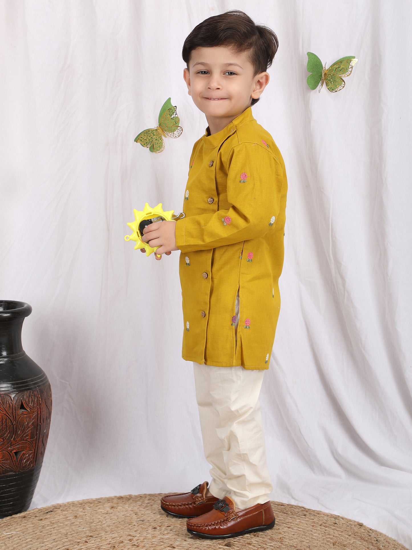 Polka Tots Full Sleeve Flower Embroidery Kurta Pyjama Set - Yellow