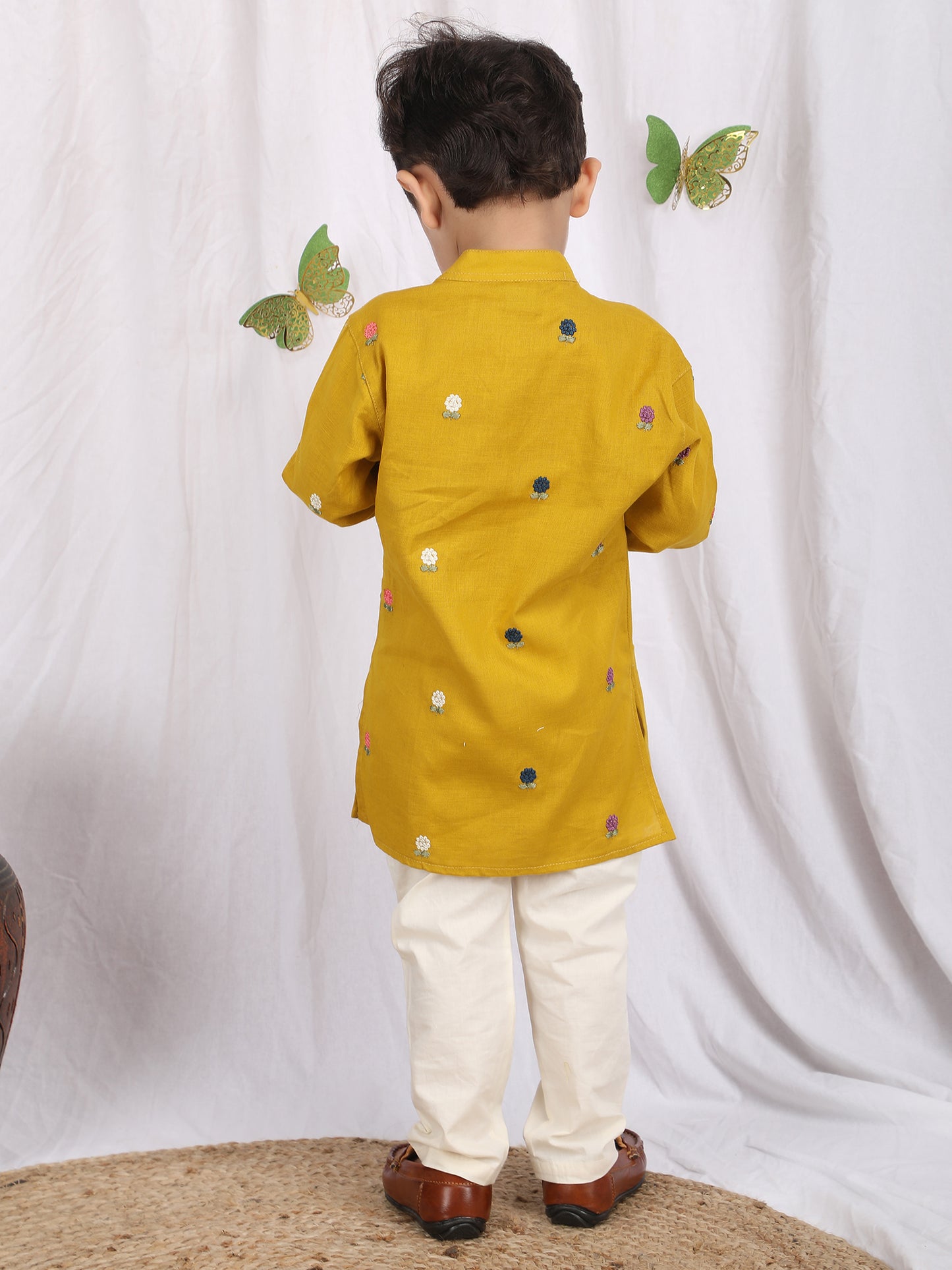 Polka Tots Full Sleeve Flower Embroidery Kurta Pyjama Set - Yellow