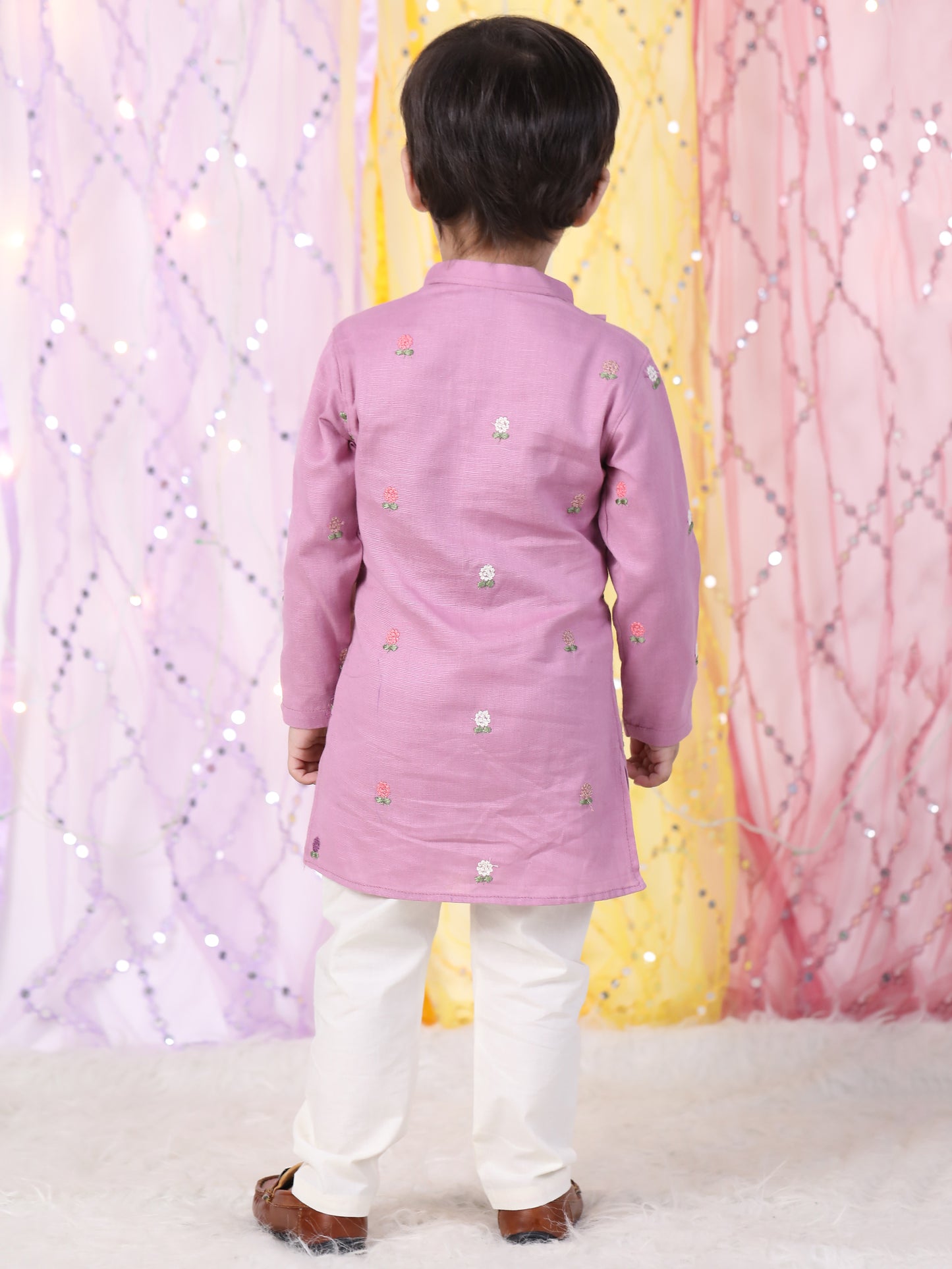 Polka Tots Full Sleeve Flower Embroidery Kurta Pyjama Set - Pink