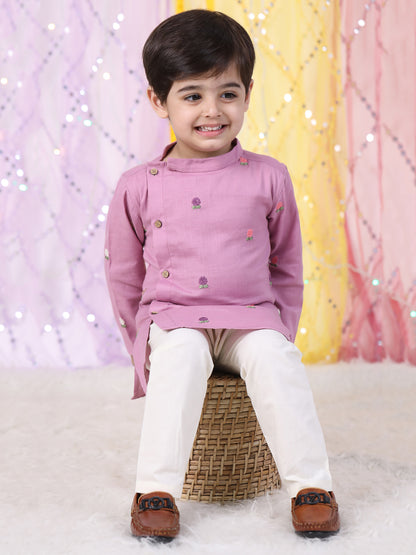 Polka Tots Full Sleeve Flower Embroidery Kurta Pyjama Set - Pink