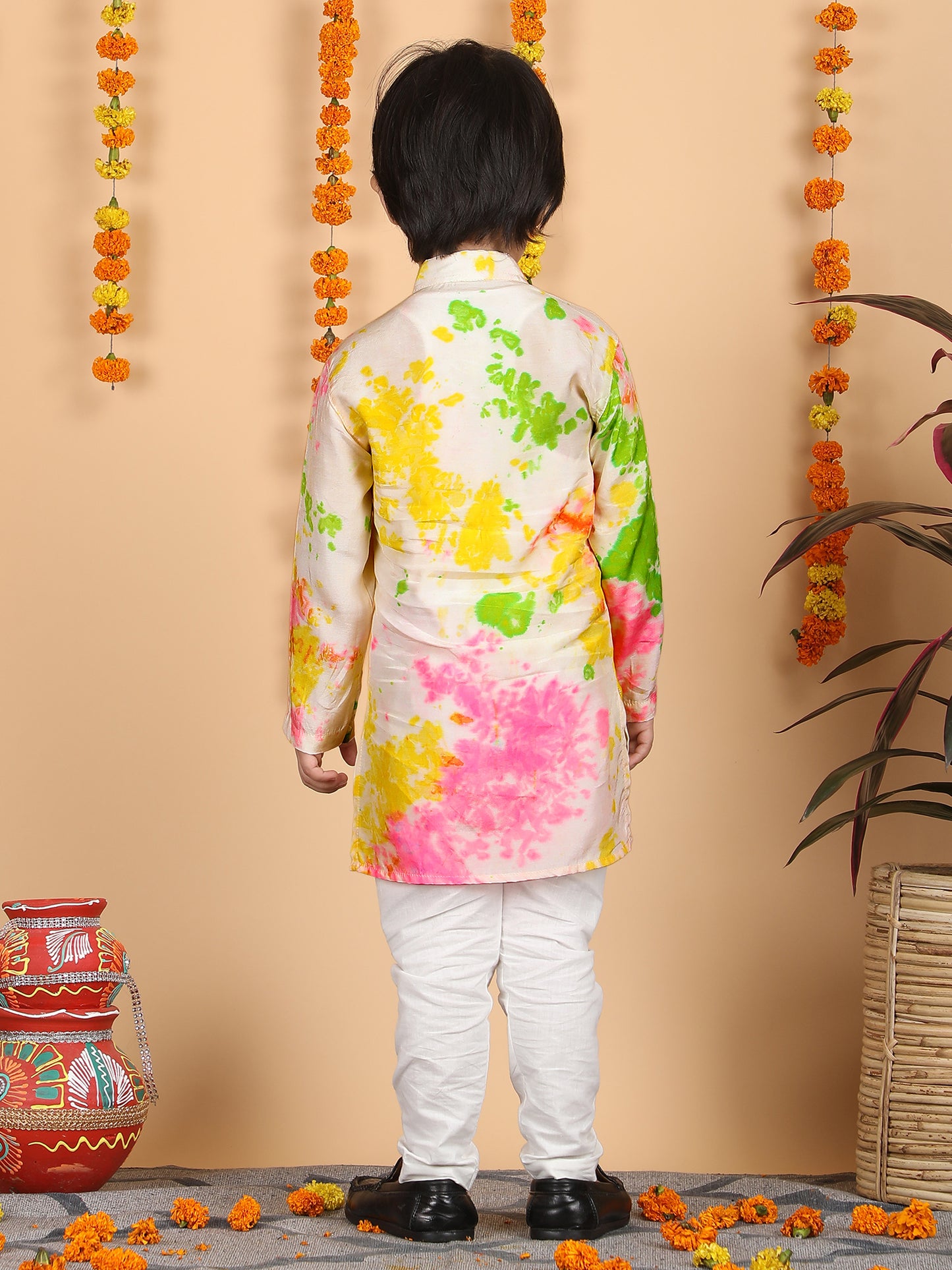 Polka Tots Full Sleeve Splash print Ethnic Kurta Pyjama Set - Multicolor