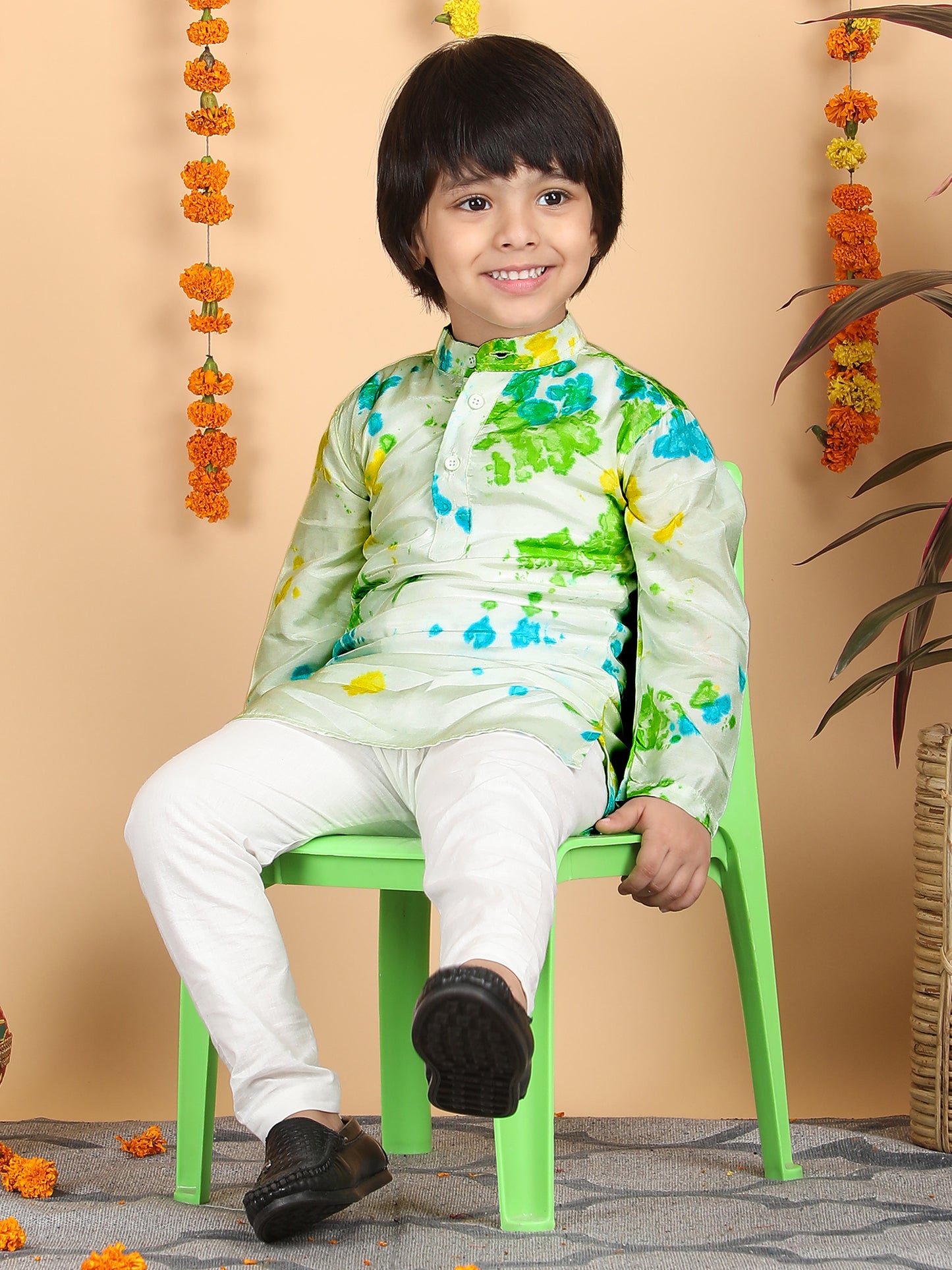 Polka Tots Full Sleeve Splash print Ethnic Kurta Pyjama Set - Multicolor