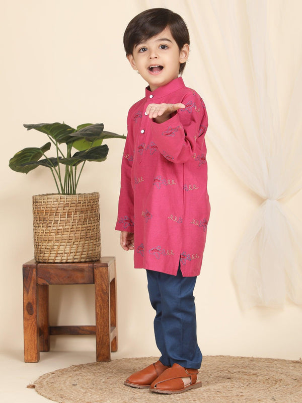 Polka Tots Full Sleeves Aeroplane Embroidery Kurta Pyjama Set - Pink