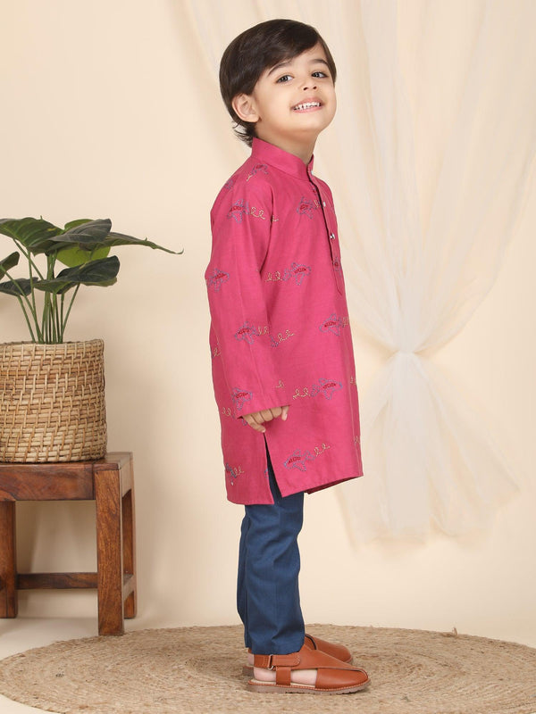 Polka Tots Full Sleeves Aeroplane Embroidery Kurta Pyjama Set - Pink
