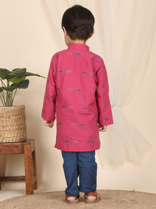 Polka Tots Full Sleeves Aeroplane Embroidery Kurta Pyjama Set - Pink