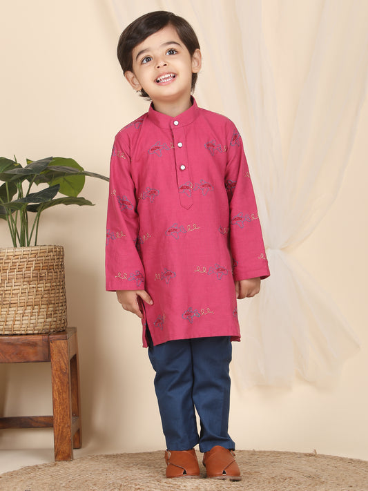 Polka Tots Full Sleeves Aeroplane Embroidery Kurta Pyjama Set - Pink