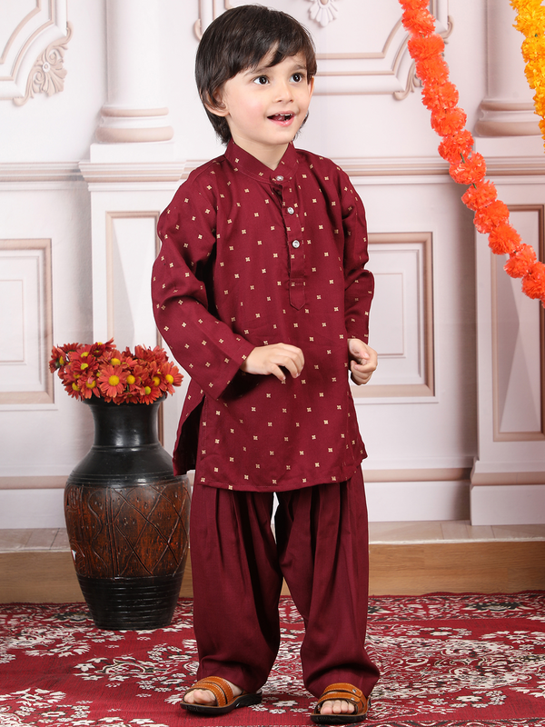 Polka Tots Full Sleeve Ethnic Motif Kurta Pyjama Set - Maroon