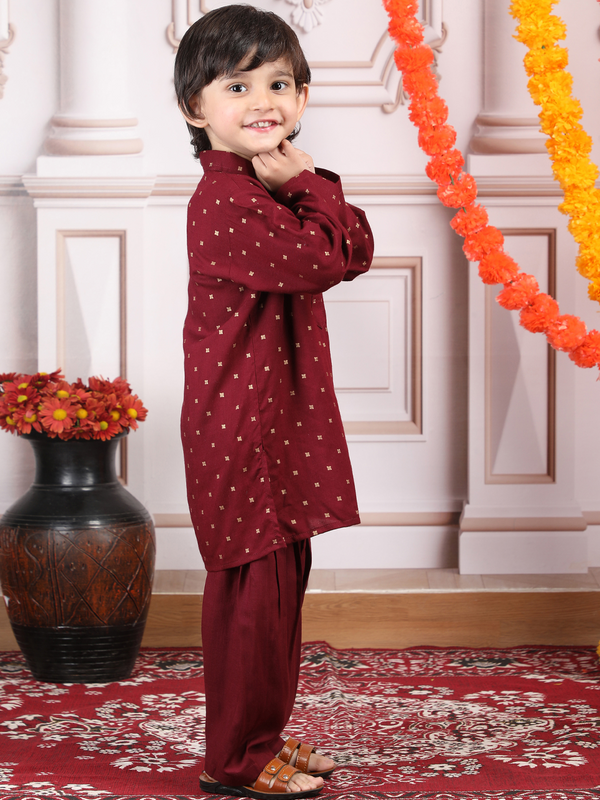 Polka Tots Full Sleeve Ethnic Motif Kurta Pyjama Set - Maroon