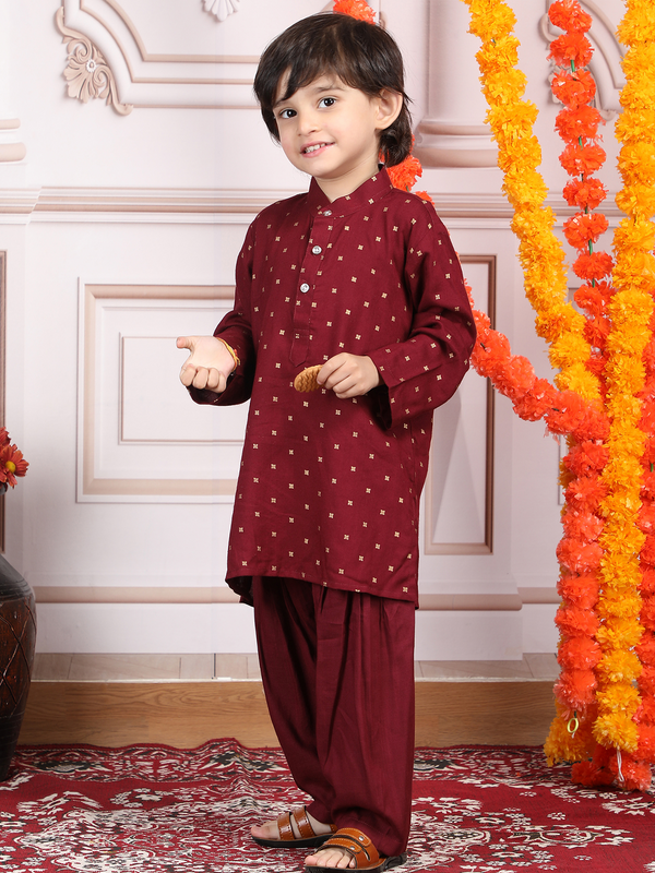 Polka Tots Full Sleeve Ethnic Motif Kurta Pyjama Set - Maroon