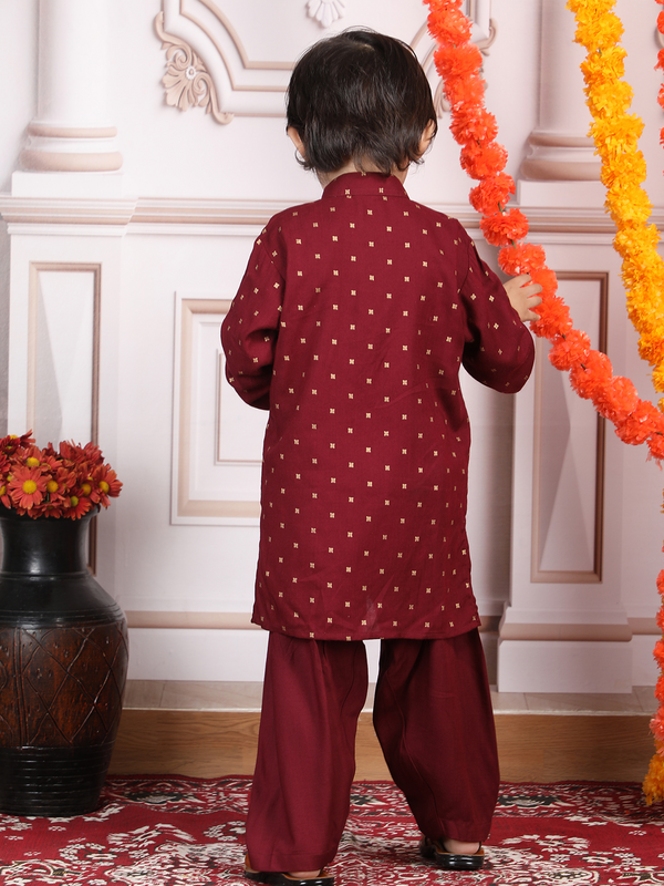 Polka Tots Full Sleeve Ethnic Motif Kurta Pyjama Set - Maroon