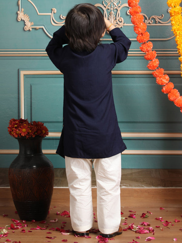 Polka Tots Full Sleeve Ethnic Motif Kurta Pyjama Set with Attached Koti - Navy