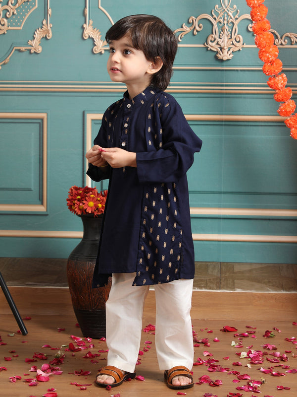 Polka Tots Full Sleeve Ethnic Motif Kurta Pyjama Set with Attached Koti - Navy