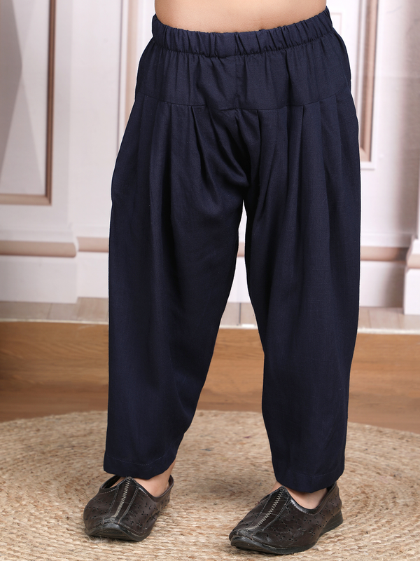 Polka Tots Full Sleeve Ethnic Motif Kurta Pyjama Set - Navy