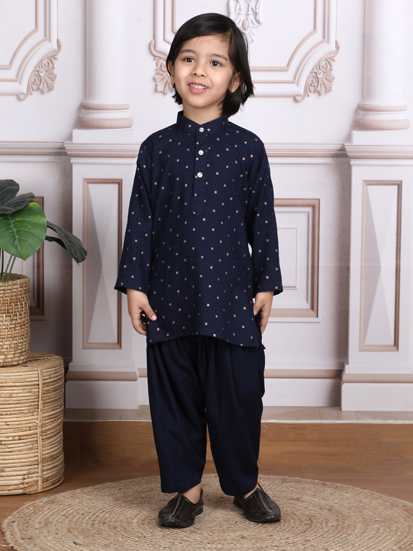 Polka Tots Full Sleeve Ethnic Motif Kurta Pyjama Set - Navy
