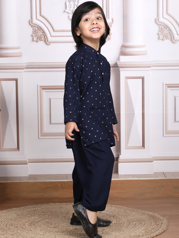 Polka Tots Full Sleeve Ethnic Motif Kurta Pyjama Set - Navy