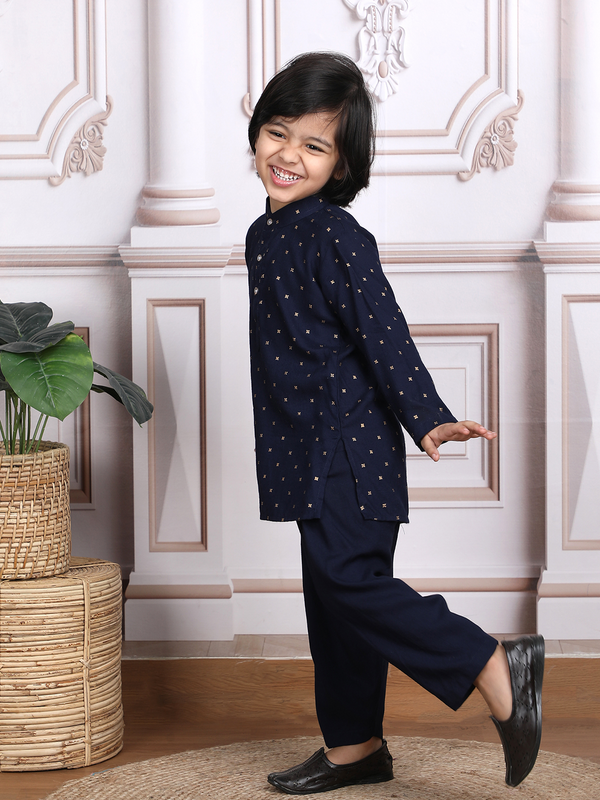 Polka Tots Full Sleeve Ethnic Motif Kurta Pyjama Set - Navy